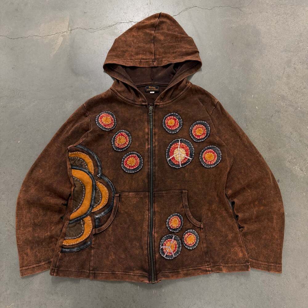 Y2K Brown Patchwork Zip-Up Hoodie Tribal Earth Tone Grunge Streetwear
